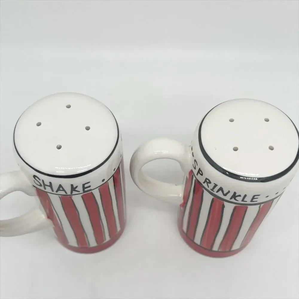 Red and White Striped Ceramic Salt & Pepper Shakers Set Shake & Sprinkle